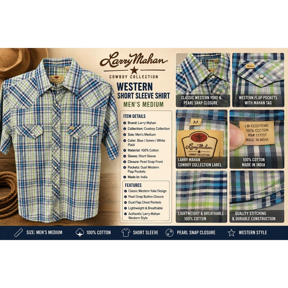 Larry Mahan Mens Plaid Western Snap Shirt Bl Grn Cowboy Collection LM-1320715NS